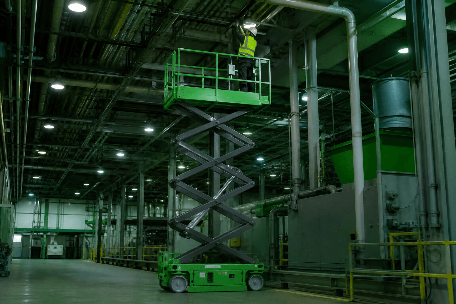 Plataforma de tijera eléctrica en operación de mantenimiento en altura con batería de litio MG Power