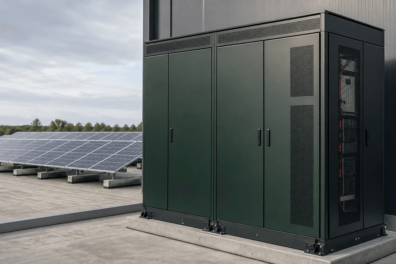 Gabinete de banco de energía MG Power Grid instalado junto a paneles solares