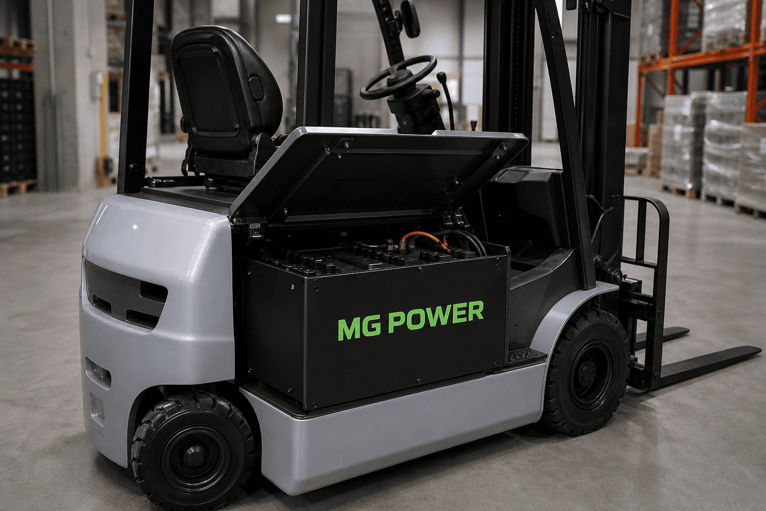 Montacargas eléctrico en operación de bodega con batería de litio MG Power instalada